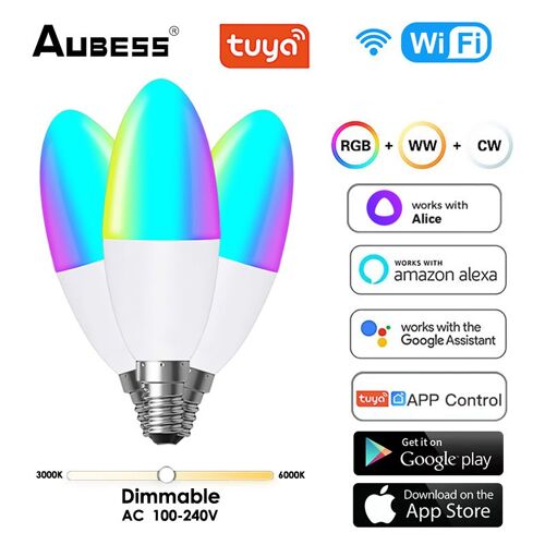 Ampoule intelligente Wi-Fi à intensité variable avec commande vocale, Alexa, Google Home, Alice, Rgbcw, Tuya, E14
