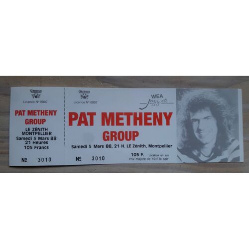 Ticket Billet Unused Place Concert Jazz Pat Metheny 1988 Montpellier