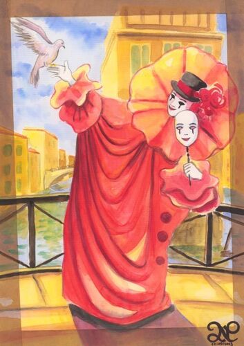 Portrait Original Aquarelle Carnaval Venise Costume Oiseau 2 Visages Pont P404
