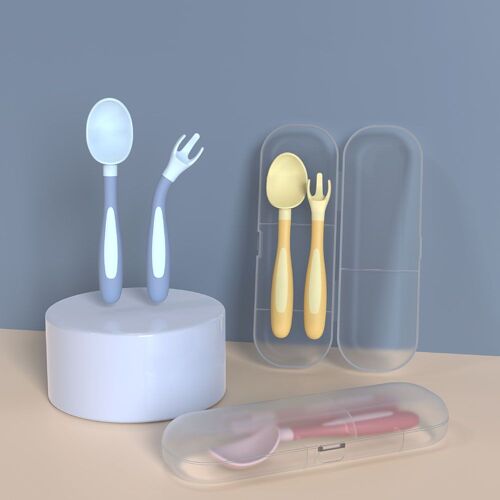 Vaisselle En Silicone Pour Enfants, Cuillère, Fourchettes, Accessoires Pliables À 360 Degrés, Ustensiles D'alimentation D'apprentissage, 2 Pièces/Ensemble