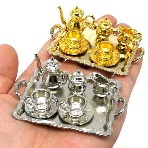 Maison De Poupée En Métal, 10 Pièces/Ensemble, Meubles De Maison De Poupée En Métal, Articles À Manger Miniatures, Jouet Théière Tasse Assiette