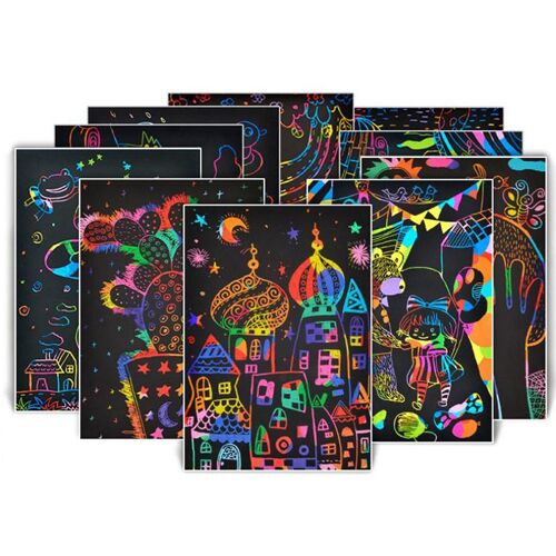 Lot De Cartes En Papier Magique Couleur Arc-En-Ciel Pour Enfants, Lot De 50 Feuilles De Papier À Gratter Avec Pochoir Graffiti Pour Bâton De Dessin, Jouet De Peinture À Faire Soi-Même