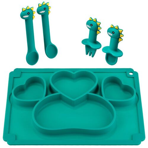 Ensemble D'assiettes À Dîner Pour Bébé, Bol D'entraînement, Cuillère, Fourchette, Illustration De Dessin Animé De Dinosaure, Assiette Antidérapante