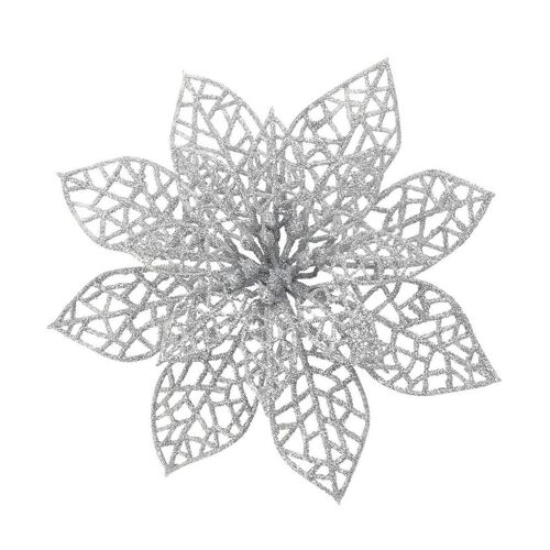 Fleurs de Noël pailletées plastique argent 10 pièces