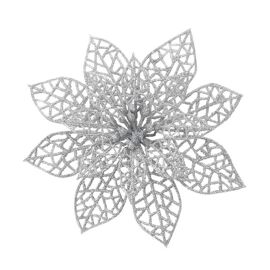 Fleurs de Noël pailletées plastique argent 10 pièces