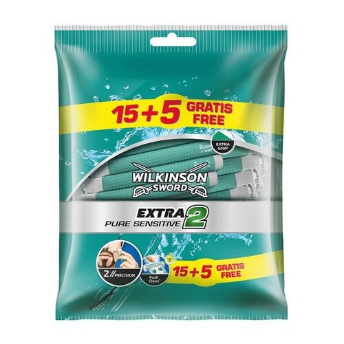 Wilkinson : Extra 2 Pure Sensitive - Rasoirs Jetables Masculins - 20 Rasoirs 