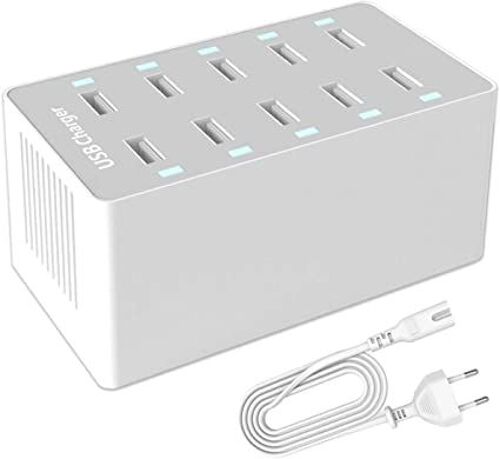 Station De Charge Usb, Hub Chargeur Usb De 50 W À 10 Ports, Chargeur Usb Multiport Avec Smart Detect, Compatible Avec Iphone, Galaxy, Tablette Ipad Et Autres Appareils De Charge Usb