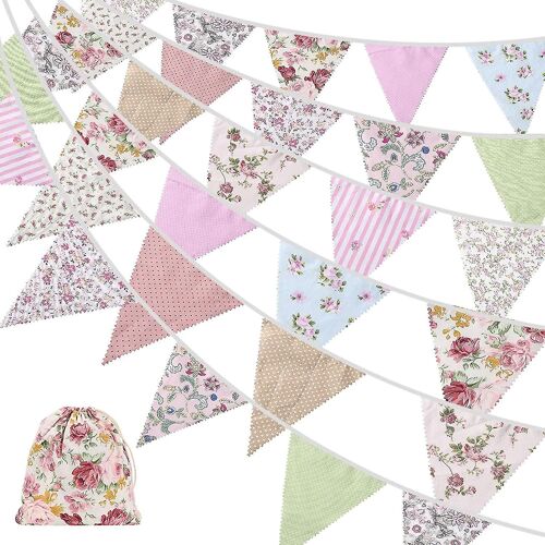 40ft Fabric Bunting, 42pcs Outdoor Bunting Banner, floral Vintage Cotton Triangle Flag Pour Garden Birthday Party