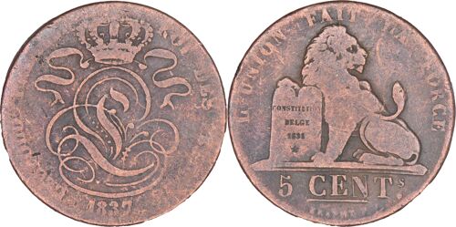 Belgique - 1837 - 5 Cents - Léopold 1er - L'union Fait La Force - Lion Portant La Constitution Belge - A001
