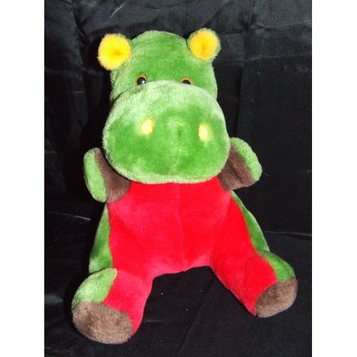 Hippopotame Casino Doudou Vert Rouge Peluche De 30 Cm Assis