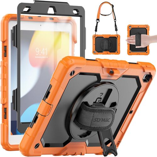 Coque Pour Ipad 9ème/8ème/7ème Génération 10,2 Pouces 2021/2020/2019, Coque Antichoc Robuste Avec Protecteur D'ecran, Support Rotatif 360 Degrés/Dragonne, Portecrayon, Bandoulière, Orange