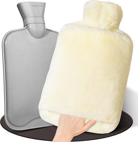 Bouillotte Eau Chaude,2L Grande Bouillotte Moelleuse, Bouillottes Avec Poche Kangourou, Bouillotte Chaude Chauffe Main/Ventre/Cou, Bouillote Antifuite (Jaune clair)