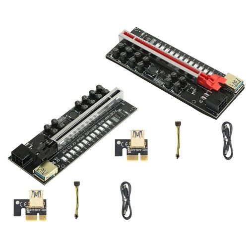 Carte adaptateur PCIE Riser 1x à 16x, avec 12 condensateurs solides, câble USB 3.0, Options d'alimentation, affichage LED