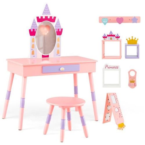 Costway 2 En 1 Coiffeuse Enfants Avec Tabouret, Avec Miroir Détachable, Style Princesse, 1 Tiroir Et 3 Cubes, Charge 30 Kg, Rose