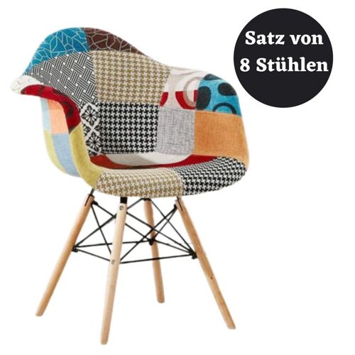 Moda Eiffel Patchwork Fauteuil - Tissu Rembourré Avec Pieds En Bois - Ensemble De 8 Chaises En Tissu