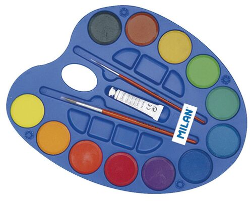 Palette 12 Pastilles D'aquarelle Ø45 Mm Avec Tube Blanc Et 2 Pinceaux