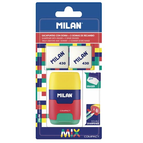 Blister Gomme Avec Taille-Crayons Compact Mix + 2 Recharges Gommes