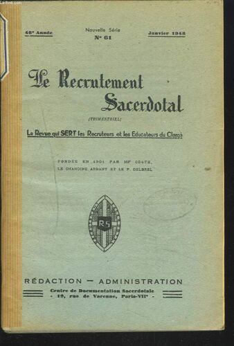 Le Recrutement Sacerdotal, Revue Trimestrielle. Annee 1948.