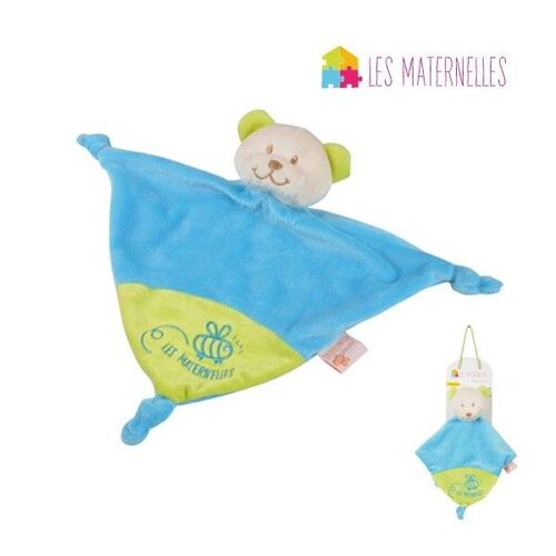 Doudou Peluche Plat Ours Ourson  Les Maternelles Blanc Bleu Vert Grelot Eveil Bebe Naissance Enfant