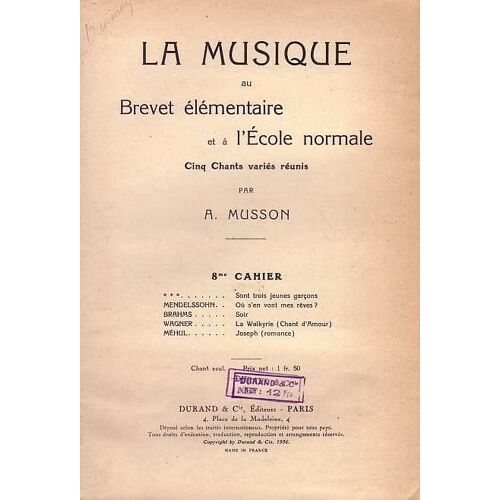 La Musique Au Brevet Elémentaire Et À L'ecole Normale Cinq Chants Variés Réunis