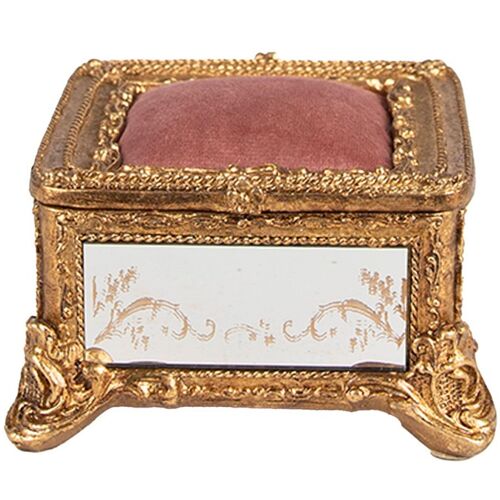 Boîte à bijoux polyrésine dorée et miroirs avec coussin velours rose 1