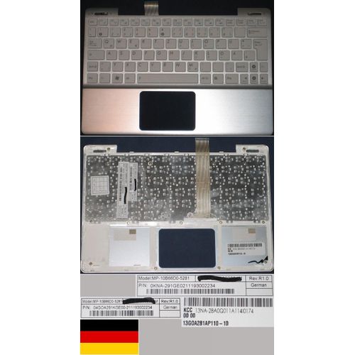 Clavier Qwertz Allemand / German Pour ASUS 1018P 1018PB Series, Blanc / White, Silver-frame, Model: MP-10B66D0-5281, 0KNA-291GE02, P/N: 04GOA291KGE00-2, 13G0A281AP110-10,
