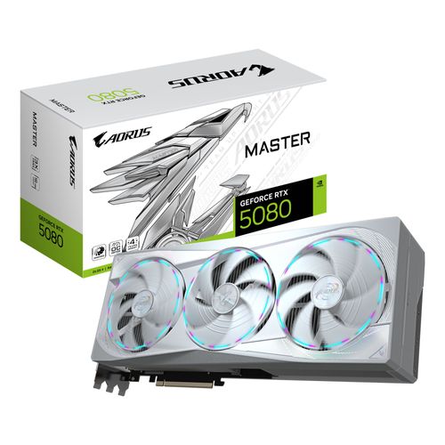 GIGABYTE AORUS GeForce RTX 5080 MASTER ICE 16G Carte Graphique - 16 Go GDDR7, 256 bits, PCI-E 5.0, 2805MHz Core Clock, 3 x DP 2.1a, 1 x HDMI 2.1b, NVIDIA DLSS 4, GV-N5080AORUSM ICE-16GD