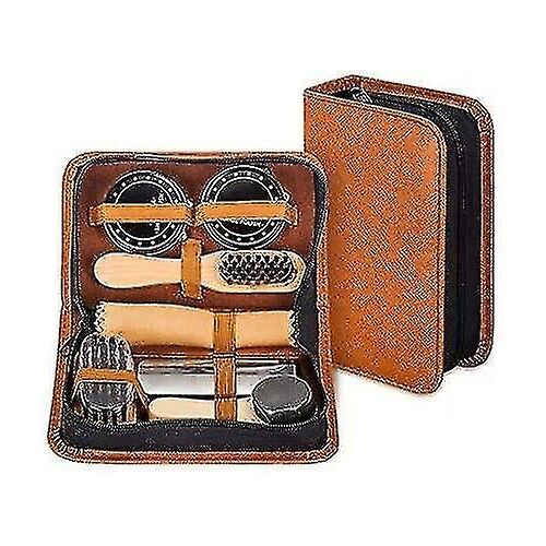 Kit De Cirage De Chaussures Avec Élégant Étui En Cuir Pu, Kit De Cirage De Chaussures De Voyage 7 Pièces