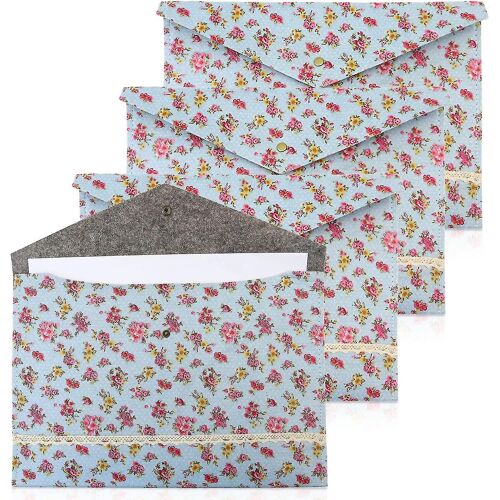 4 Pack Floral File Envelopes With Snap Closure, Decorative A4 Felt Folder, Pretty File Fol