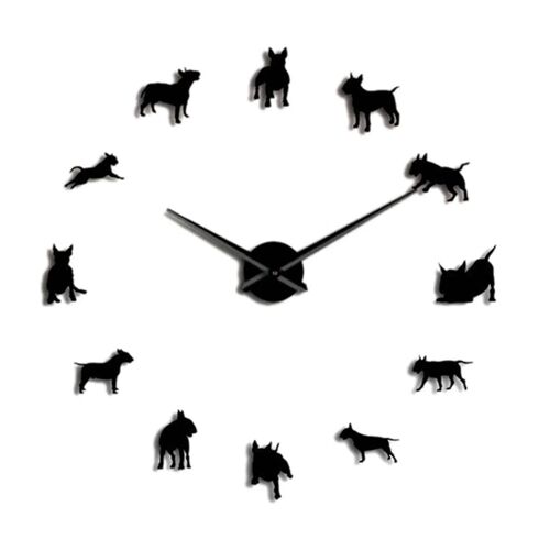 Bull Terrier Dog Wall Art Diy Grande Horloge Murale Chien Horloge Montre Noir Z