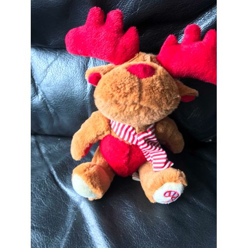 Peluche Doudou Cerf, Elan , Rennes Marron Rouge Echarpe Rayé Rouge Et Blanc Fizzy