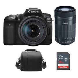 Kit CANON EOS 90D EF-S 18-135mm F3.5-5.6 IS USM + EF-S 55-250MM F4-5.6 IS STM + sac photo + carte SD 16GB