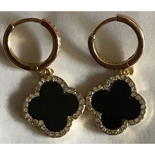 Boucles D'Oreilles Noires Dorées Ornées De Strass En Forme De Trèfle À Quatre Feuilles