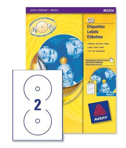 Avery - J8676-25 - 50 Étiquettes Adhésives Blanches Pour Cd. 117mm. Impression Laser, Jet D'encre
