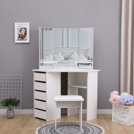 Coiffeuse Table De Maquillage Avec 3 Miroirs Et 5 Tiroirs, Grande Coiffeuse D'angle, Moderne, Blanc, Avec Tabouret-Mondeer