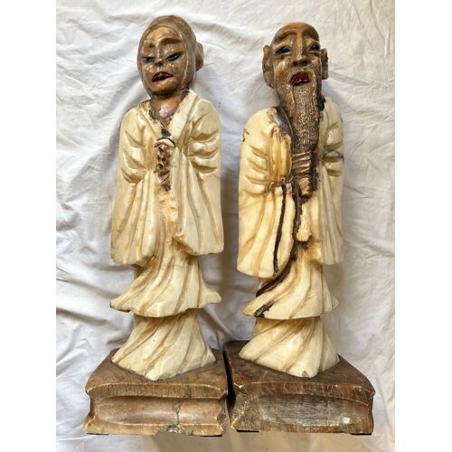 Couple De Mandarins Sculpture Chine Pierre Dure Anciens 
