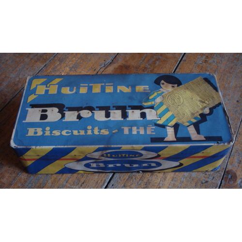 Ancienne Boite Metal Tole Recouverte Papier Litho"Biscuits Brun Huitine",Ca 1930.