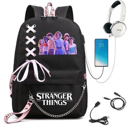 Stranger Things backpack USB charging schoolbag Black 10