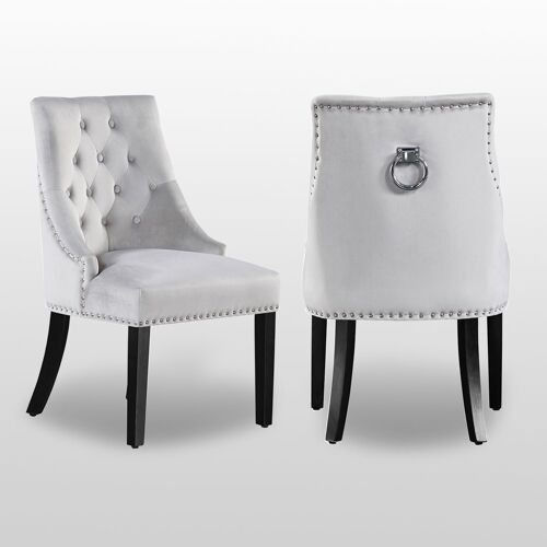 Windsor - Lot de 4 Chaises Capitonnées Grises en Velours - Style Classique & Design - Pieds en Bois - Salle à Manger, Salon ou Coiffeuse