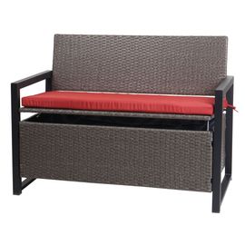 Poly-Rattan Banc 2 Places Hwc-F39, Banc De Jardin Coffre, Rangement Coussin D'assise   Gris Chiné, Coussin Rouge