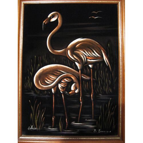 "En Camargue", Flamands Roses, Peinture À L'huile Sur Velours Du Peintre Gallego