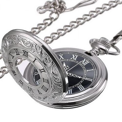 Suji Quartz Pocket Watch For Men With Black Dial And Chainsilver