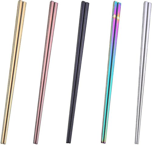 Stainless Steel Chopsticks - 5 Pairs 9.06" Multicolor Reusable Dishwasher Safe Metal Chopsticks - Square Lightweight Non-Slip Flat Chopsticks