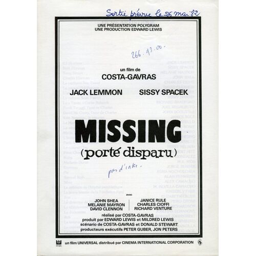 Missing (Porté Disparu), Dossier De Presse, Costa-Gavras, Avec Jack Lemmon, Sissy Spacek, John Shea