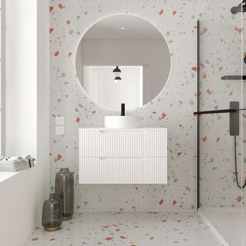 Meuble de Salle de Bains 80cm Blanc Neige - 2 Tiroirs en MDF Ondulés - Vasque Ronde Ø36cm
