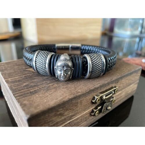 Bracelet - Viking - Ragnard - Cuir Noir - 22 Cm - 3 Symboles Métal