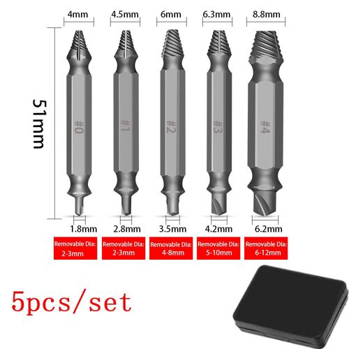 5pcs argent avec boîte - HHS Extracteur de vis endommagé à double extrémité, jeu de forets, 2,2, goujon, vitesse cassée