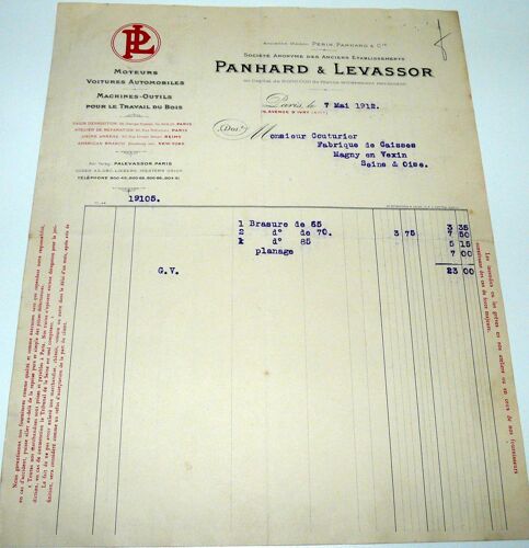 Panhard & Levassor, Facture Du 7 Mai 1912