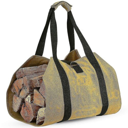 Large Canvas Log Carrier Bag (Khaki), Heavy Duty Waxed Fireplace Firewood Tote Bag for Indoor Wood Stoves and Outdoor Camping