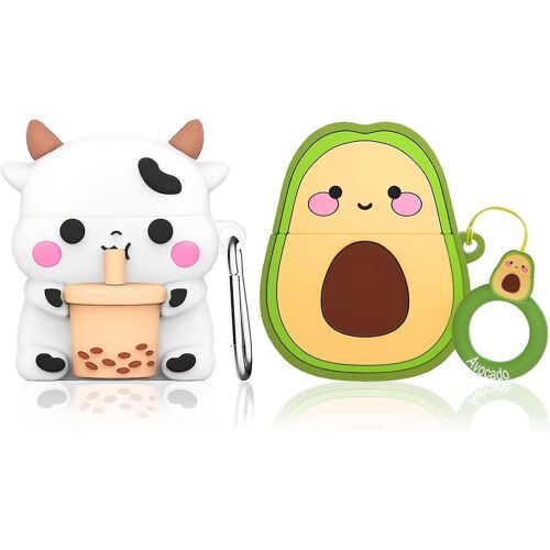 2 Pack Cute Airpod Case Cover, Boba Tea Cow Avocado Airpods Case 3d Cartoon Funny Airpods 12 Case, Food Fruit Design Silicone Protective Case With